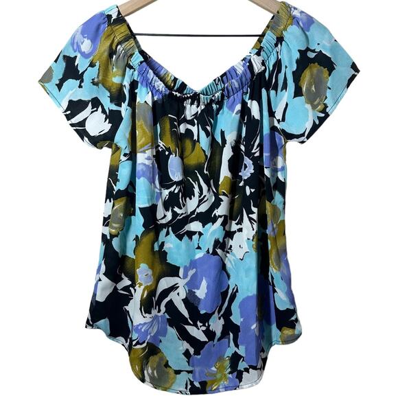 Evereve Women's Allison Joy Floral Light Blue Off the Shoulder Blouse Size Small - Picture 1 of 9